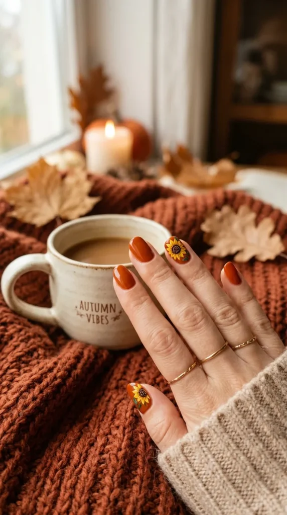 Fall Sunflower Nails: 20 Cozy & Trendy Autumn Designs (Step-by-Step Guide) burnt orange nails sunflower design 202605150929