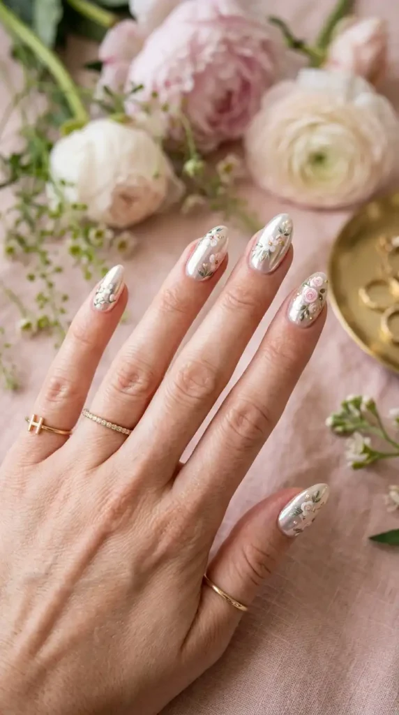 Pearl Chrome Nail Ideas: Elegant Glossy Manicure Trends You Need to Try pearl chrome floral nail art 202605111418 optimized