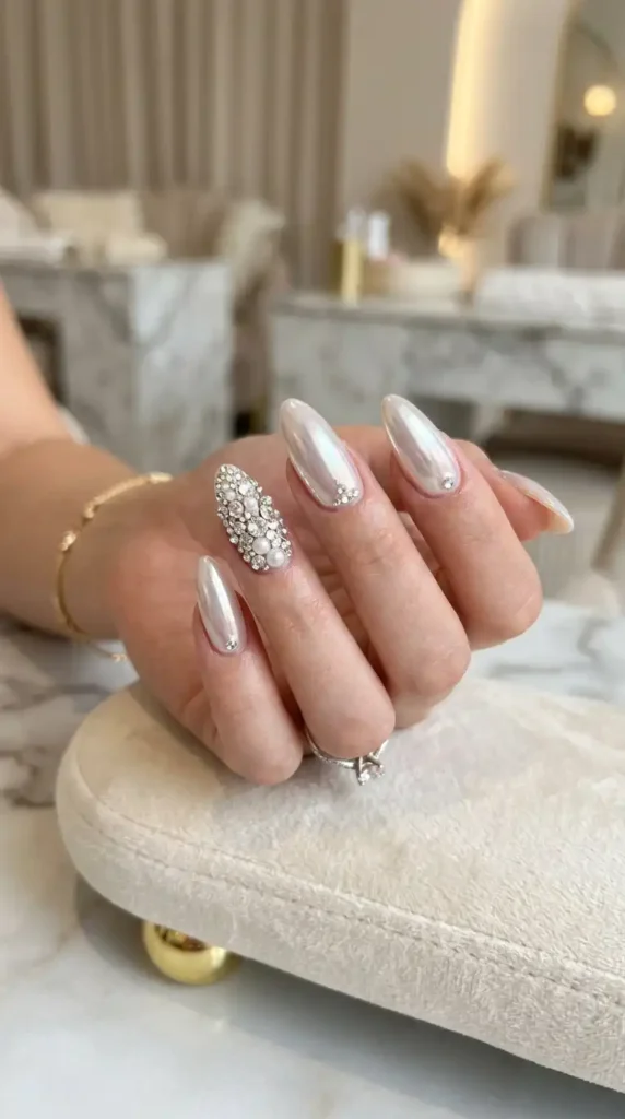 Pearl Chrome Nail Ideas: Elegant Glossy Manicure Trends You Need to Try pearl chrome nails crystal accents 202605111416 optimized
