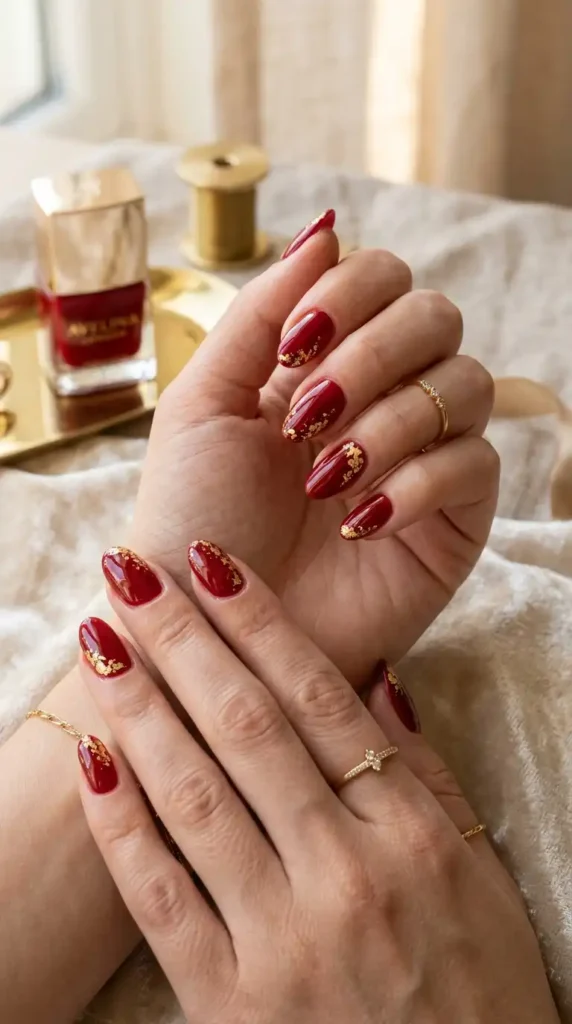 Red Nail Ideas 2026: Chic, Bold & Viral Nail Designs Everyone Wants red nails with gold foil 202605121658 optimized