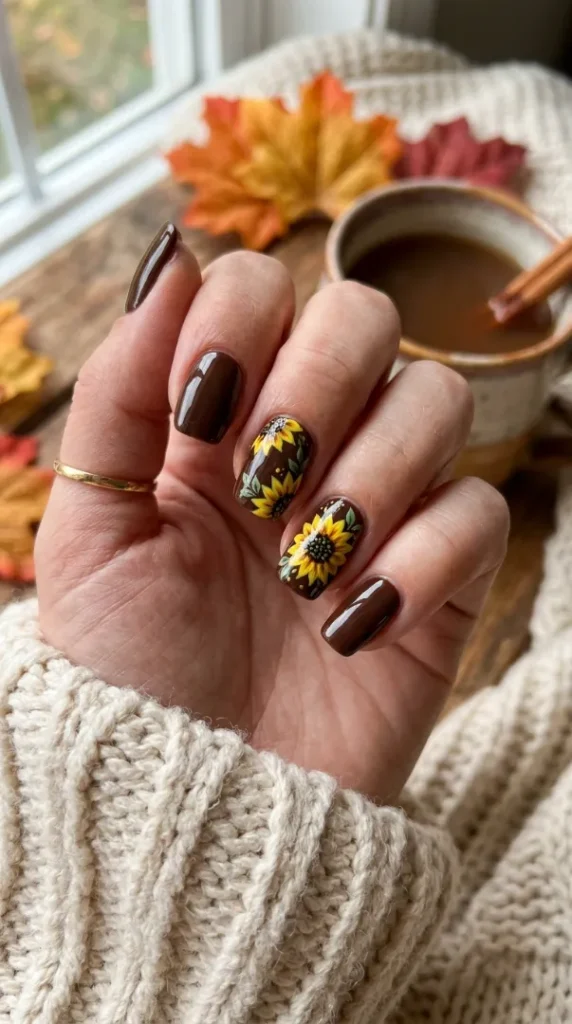 Fall Sunflower Nails: 20 Cozy & Trendy Autumn Designs (Step-by-Step Guide) compressed brown nails with sunflower art 202605150935