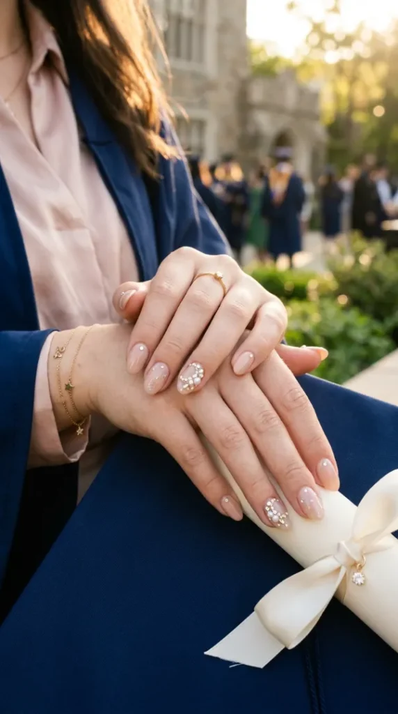 Graduation Nail Ideas 2026: Trendy Nail Designs That Will Make Your Graduation Photos Look Stunning compressed elegant graduation nails rhinestone 202605210915