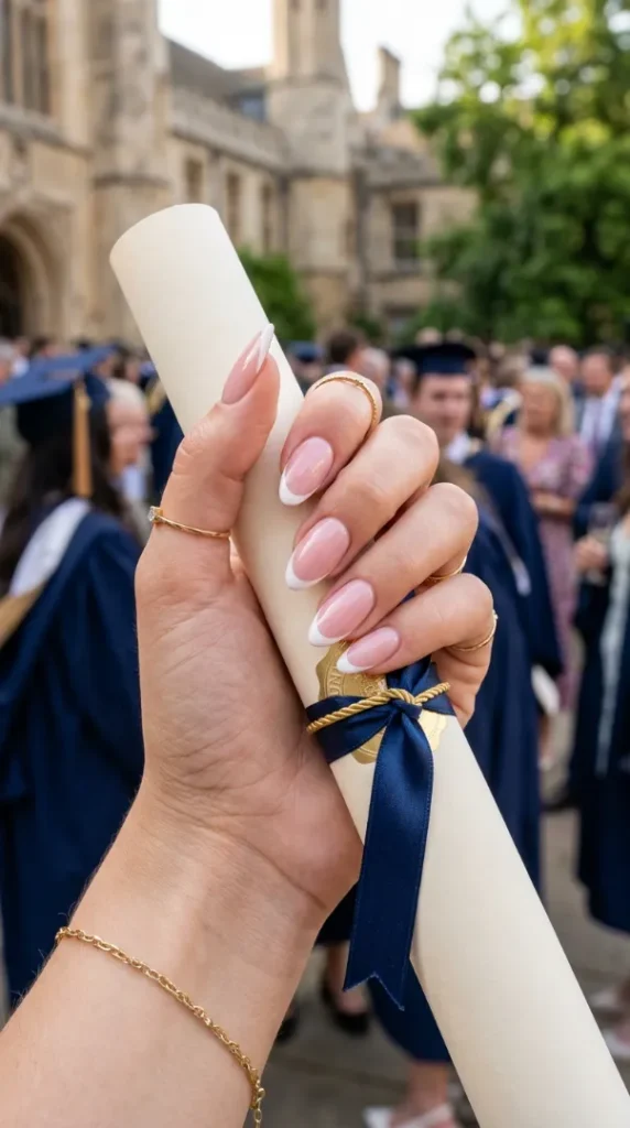 Graduation Nail Ideas 2026: Trendy Nail Designs That Will Make Your Graduation Photos Look Stunning compressed french tip graduation nails 202605210914