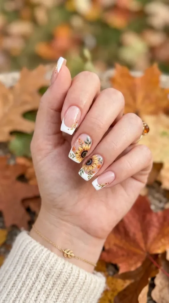 Fall Sunflower Nails: 20 Cozy & Trendy Autumn Designs (Step-by-Step Guide) compressed french tip nails sunflower design 202605150935