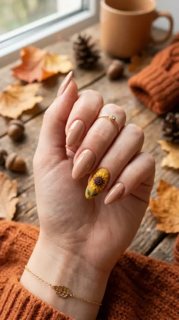 Fall Sunflower Nails: 20 Cozy & Trendy Autumn Designs (Step-by-Step Guide) compressed hand with sunflower accent nail 202605150933