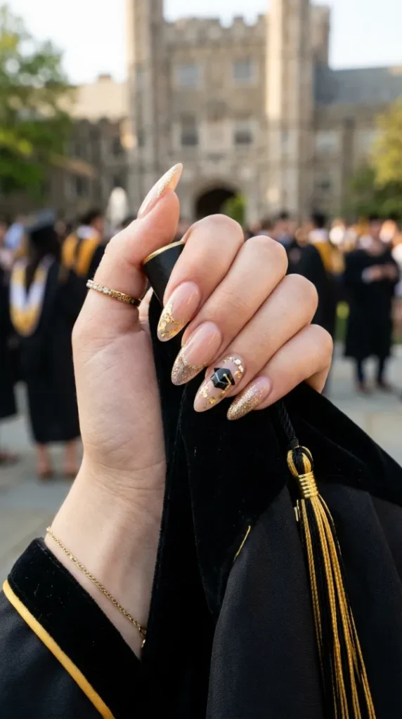 Graduation Nail Ideas 2026: Trendy Nail Designs That Will Make Your Graduation Photos Look Stunning compressed luxury acrylic nails nude gold 202605210918
