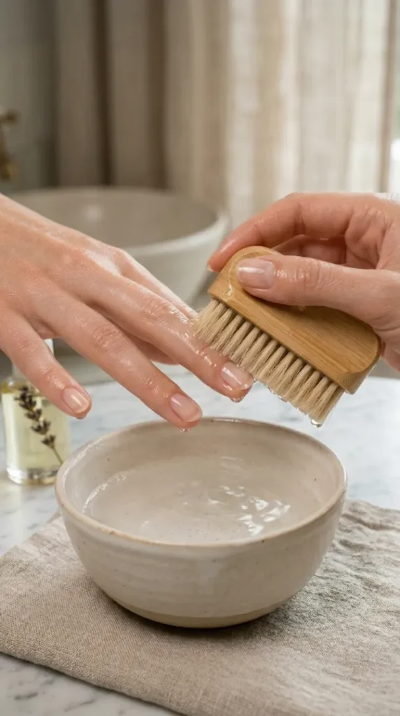 Nail Care at Home: The Complete Guide to Healthy, Strong & Beautiful Nails compressed nails being washed with brush 202605160950