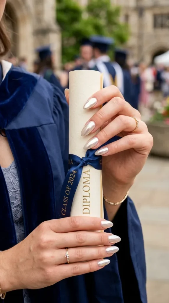 Graduation Nail Ideas 2026: Trendy Nail Designs That Will Make Your Graduation Photos Look Stunning compressed nails holding diploma scroll 202605210913