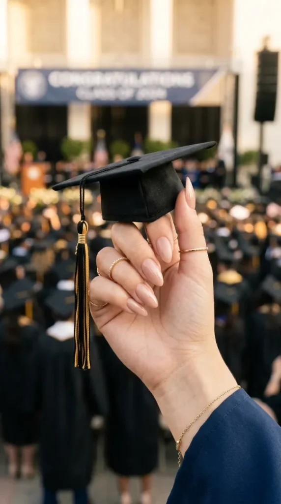 Graduation Nail Ideas 2026: Trendy Nail Designs That Will Make Your Graduation Photos Look Stunning compressed nails holding graduation cap 202605210911