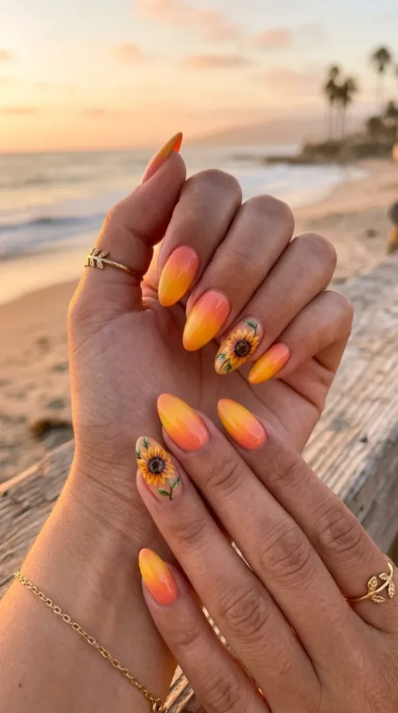 Fall Sunflower Nails: 20 Cozy & Trendy Autumn Designs (Step-by-Step Guide) compressed ombre nails with sunflower design 202605150939