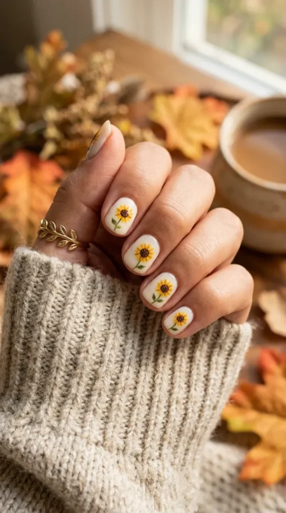 Fall Sunflower Nails: 20 Cozy & Trendy Autumn Designs (Step-by-Step Guide) compressed short nails with sunflower design 202605150939