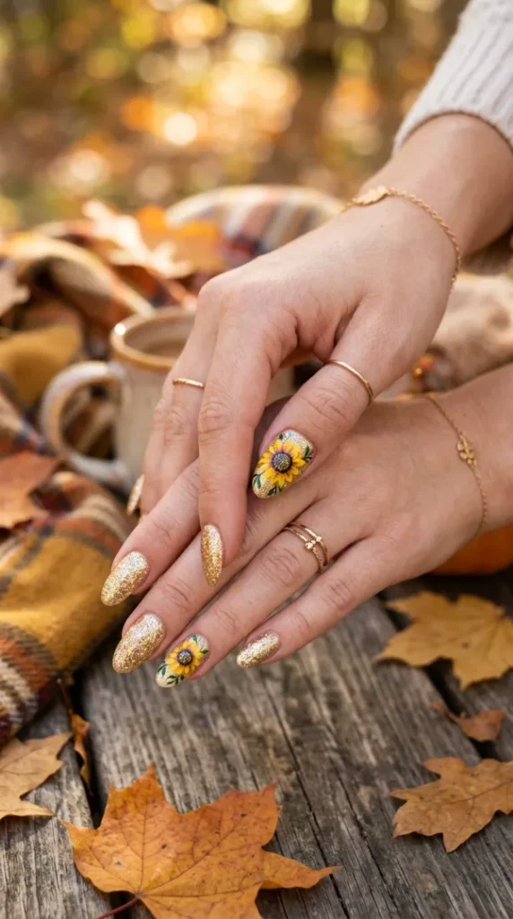 Fall Sunflower Nails: 20 Cozy & Trendy Autumn Designs (Step-by-Step Guide) compressed sunflower nails gold glitter accent 202605150938