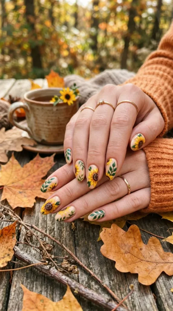Fall Sunflower Nails: 20 Cozy & Trendy Autumn Designs (Step-by-Step Guide) compressed sunflower nails green leaves autumn 202605150937