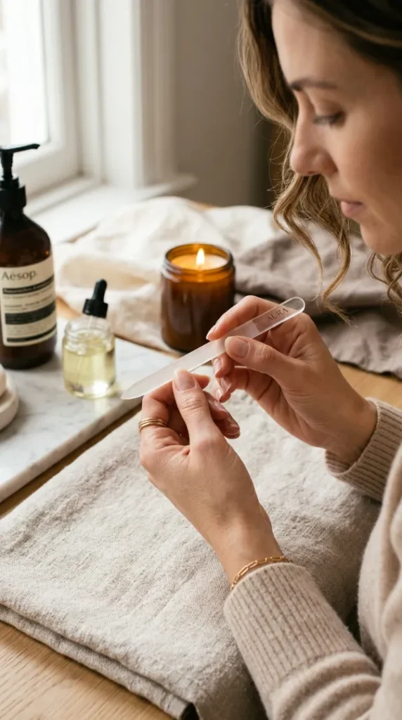Nail Care at Home: The Complete Guide to Healthy, Strong & Beautiful Nails compressed woman filing natural nails 202605160952