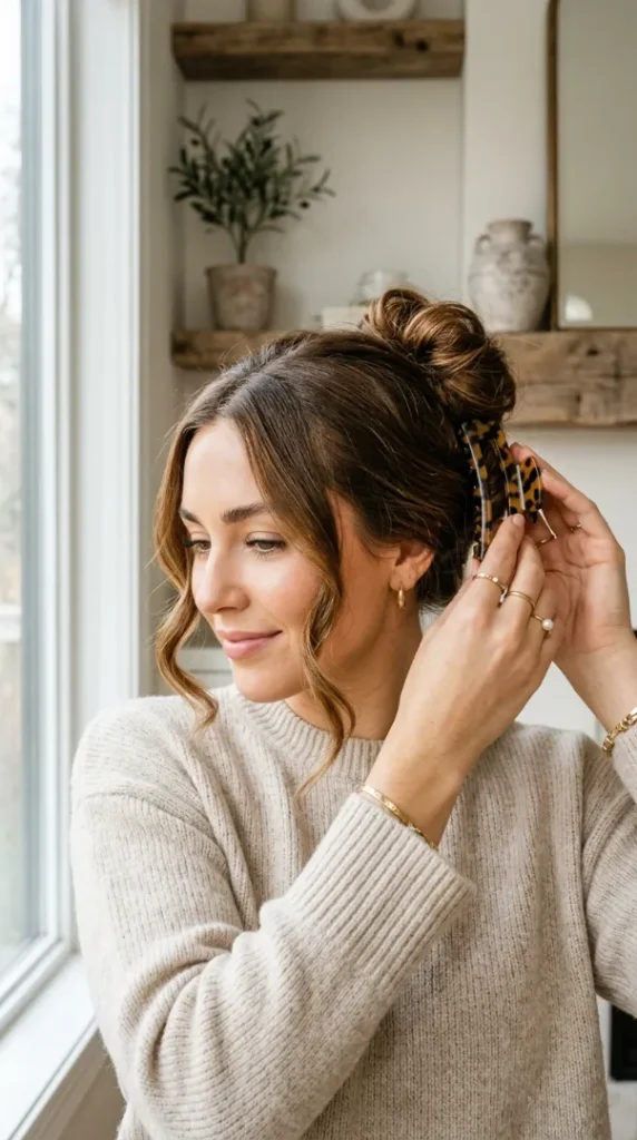 Hair Accessories Tutorial: Easy Ways to Style Clips, Claw Clips, Bows & Headbands compressed woman styling elegant claw clip 202605181452 (1)