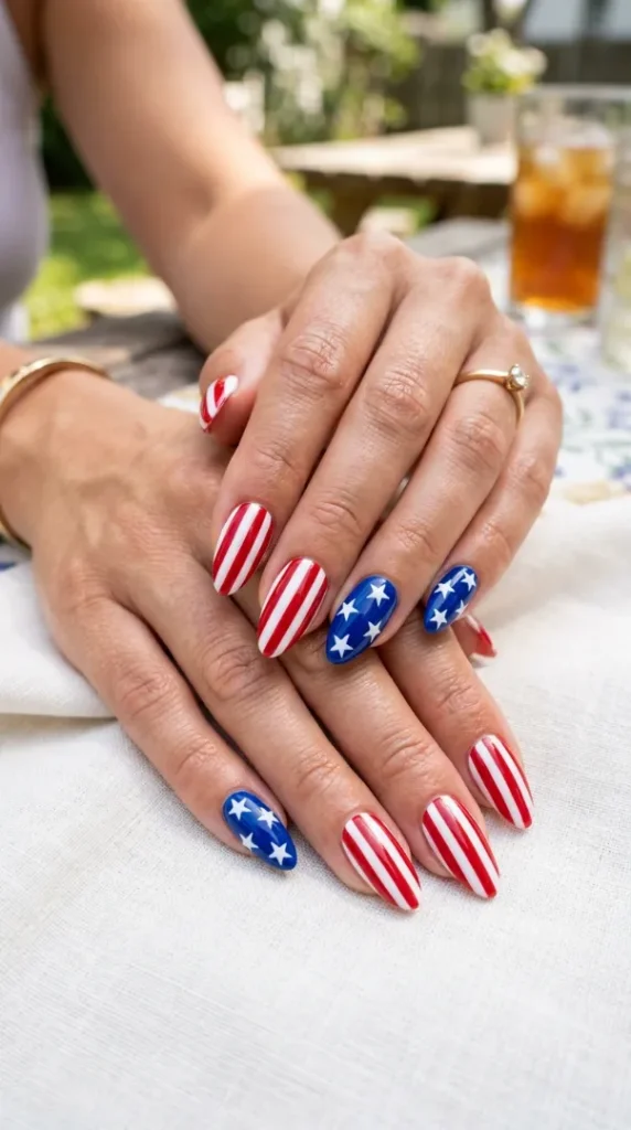 4th of July Nail Art: 25 Festive Red, White & Blue Nail Ideas for 2026 compressed american flag nail art manicure 202606121054