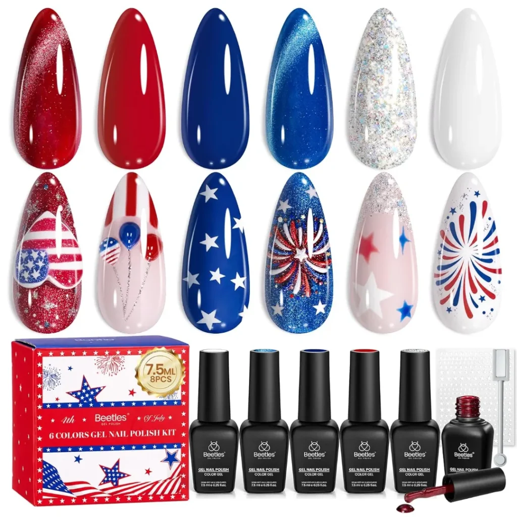 4th of July Nail Art: 25 Festive Red, White & Blue Nail Ideas for 2026 compressed red, white & blue gel polish collection