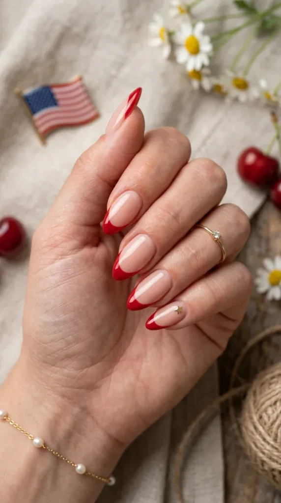 4th of July Nail Art: 25 Festive Red, White & Blue Nail Ideas for 2026 compressed red french tip nails 202606121057 (1)