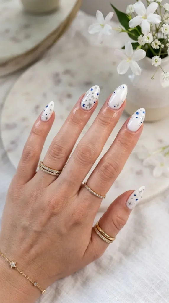 4th of July Nail Art: 25 Festive Red, White & Blue Nail Ideas for 2026 compressed white almond nails silver stars 202606121059