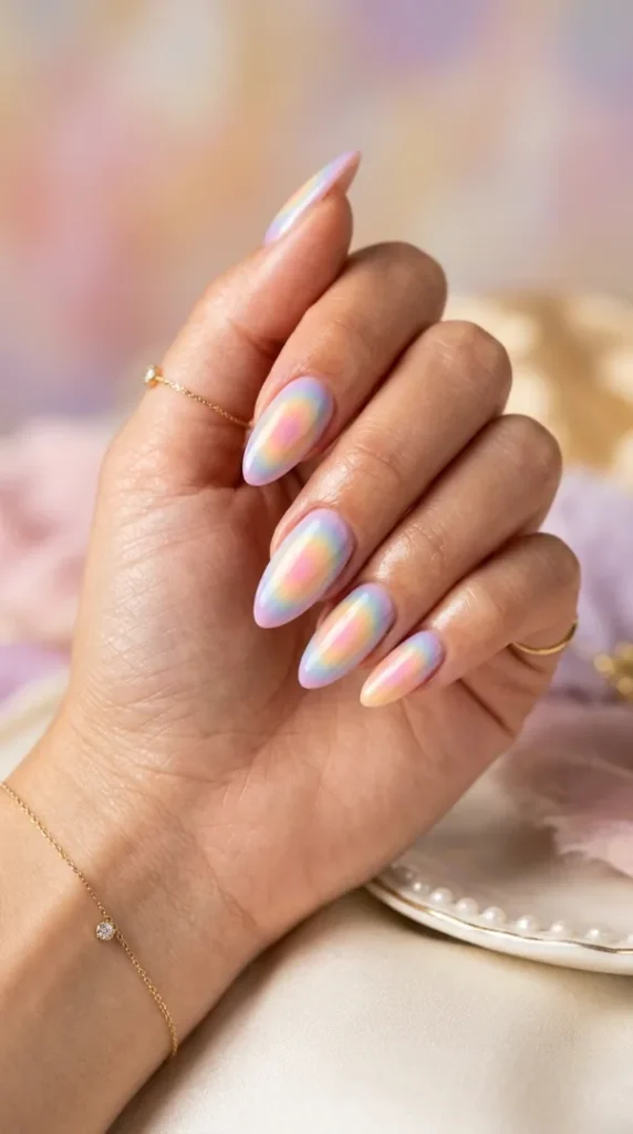 Pride Nail Ideas 2026: 25 Colorful Rainbow Nail Designs You'll Want to Wear This Year compressed almond nails with rainbow gradients 202607171259