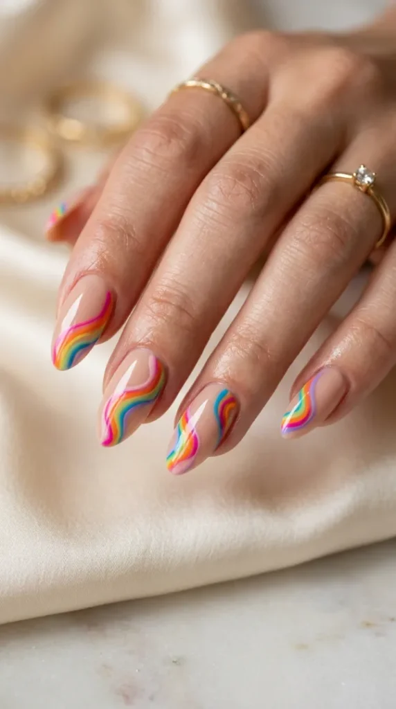 Pride Nail Ideas 2026: 25 Colorful Rainbow Nail Designs You'll Want to Wear This Year compressed almond nails with rainbow swirls 202607171300