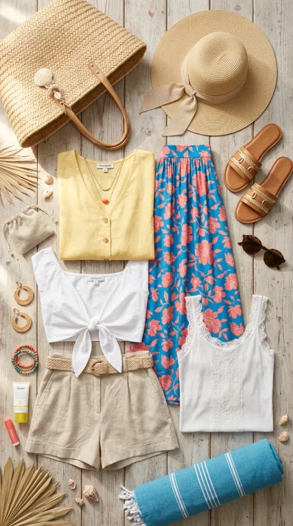 The Ultimate Guide to Beach Vacation Outfits for Women in 2026: Cute Summer Looks You'll Want to Pack compressed beach vacation clothing flat lay 202607121804