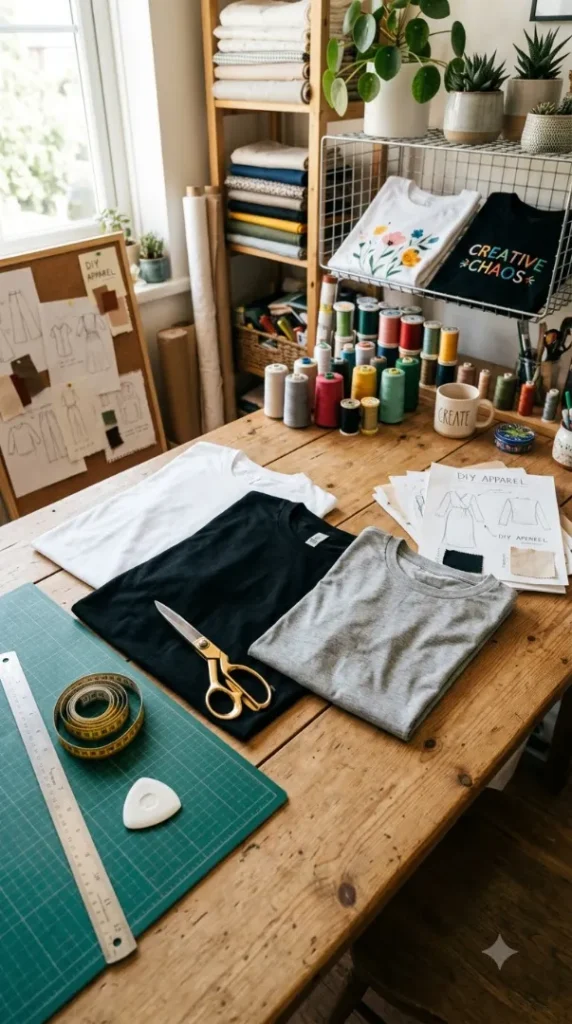 25 Easy T-Shirt Cutting Ideas: Cute DIY Neckline Styles You Can Make in Minutes (2026) compressed diy fashion workspace with t shirts 202607312316