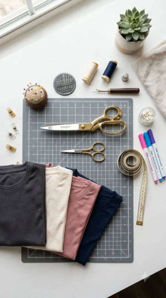 25 Easy T-Shirt Cutting Ideas: Cute DIY Neckline Styles You Can Make in Minutes (2026) compressed fabric scissors cutting mat markers 202607312325