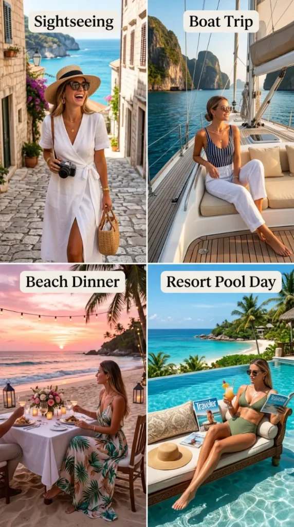 The Ultimate Guide to Beach Vacation Outfits for Women in 2026: Cute Summer Looks You'll Want to Pack compressed four vacation activities collage 202607121806