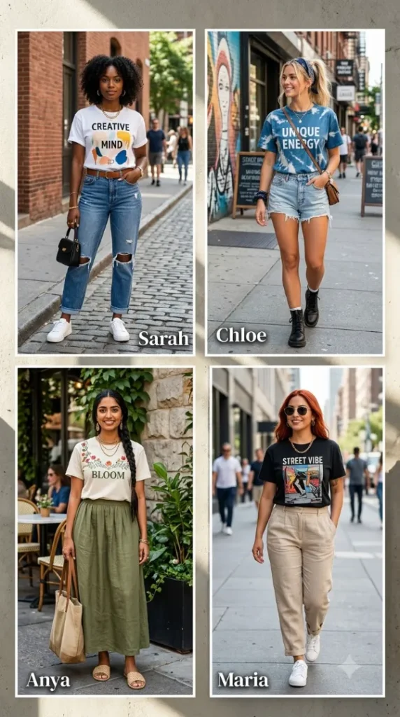 25 Easy T-Shirt Cutting Ideas: Cute DIY Neckline Styles You Can Make in Minutes (2026) compressed four women styling diy t shirts 202607312325