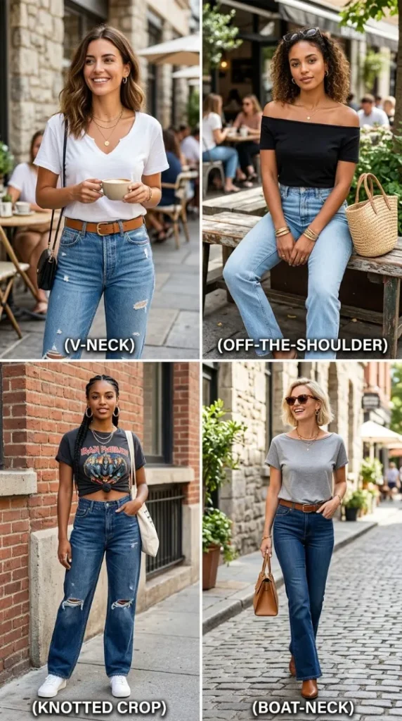 25 Easy T-Shirt Cutting Ideas: Cute DIY Neckline Styles You Can Make in Minutes (2026) compressed four women wearing diy t shirts 202607312322