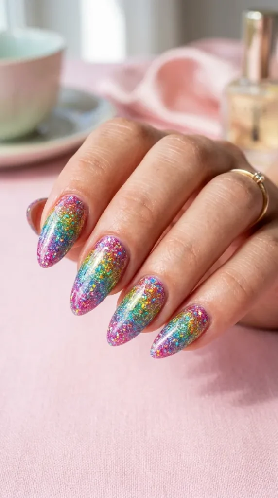 Pride Nail Ideas 2026: 25 Colorful Rainbow Nail Designs You'll Want to Wear This Year compressed glitter rainbow almond nails 202607171302