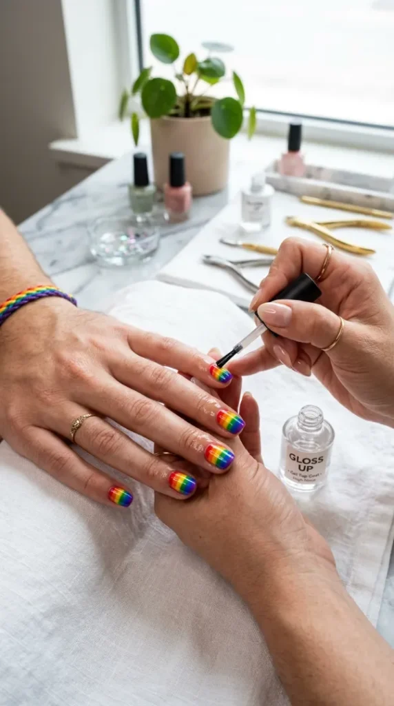 Pride Nail Ideas 2026: 25 Colorful Rainbow Nail Designs You'll Want to Wear This Year compressed hands applying rainbow nails 202607171306