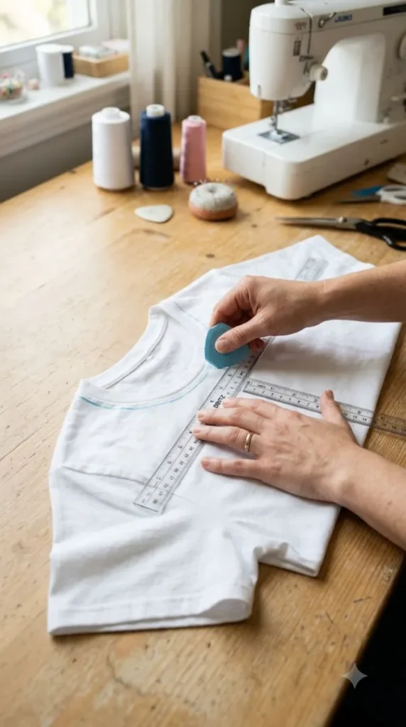 25 Easy T-Shirt Cutting Ideas: Cute DIY Neckline Styles You Can Make in Minutes (2026) compressed hands marking t shirt neckline g… 202607312318