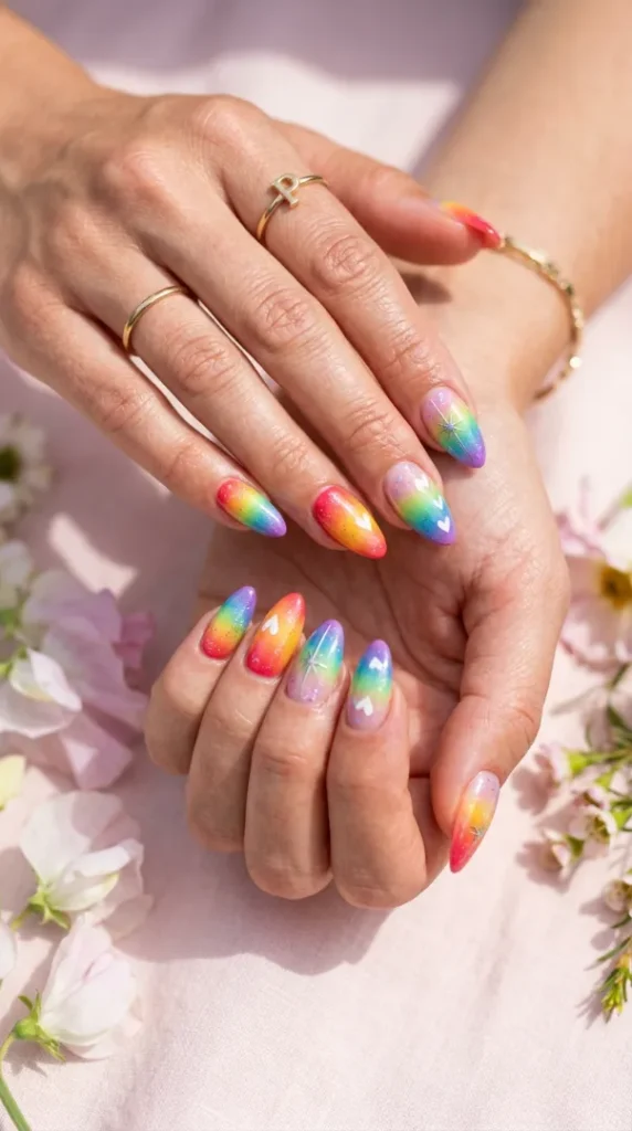 Pride Nail Ideas 2026: 25 Colorful Rainbow Nail Designs You'll Want to Wear This Year compressed hands with rainbow nails 202607171246