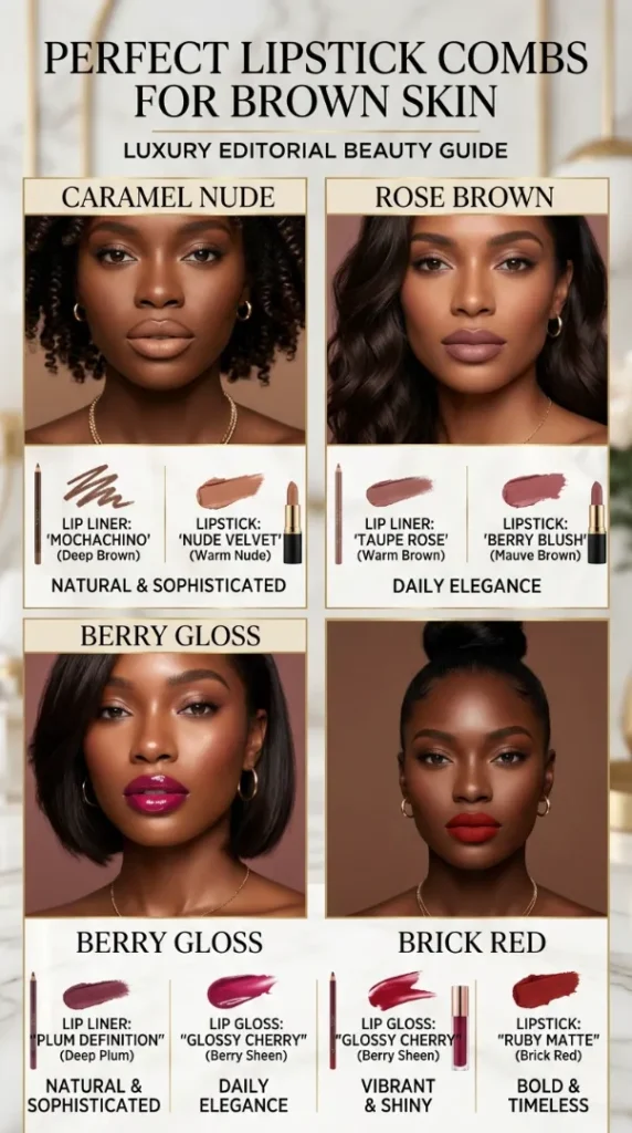 Best Lipstick Shades for Brown Skin (2026): 25 Colors That Actually Flatter Every Undertone compressed lipstick combinations on brown skin 202607062103