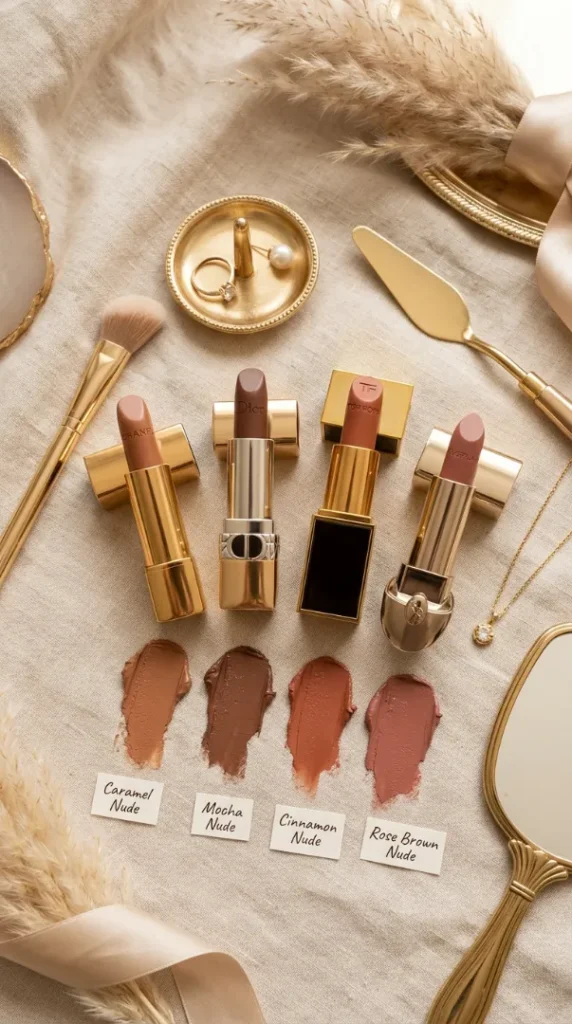 Best Lipstick Shades for Brown Skin (2026): 25 Colors That Actually Flatter Every Undertone compressed lipsticks and gold makeup access… 202607062040 (1)