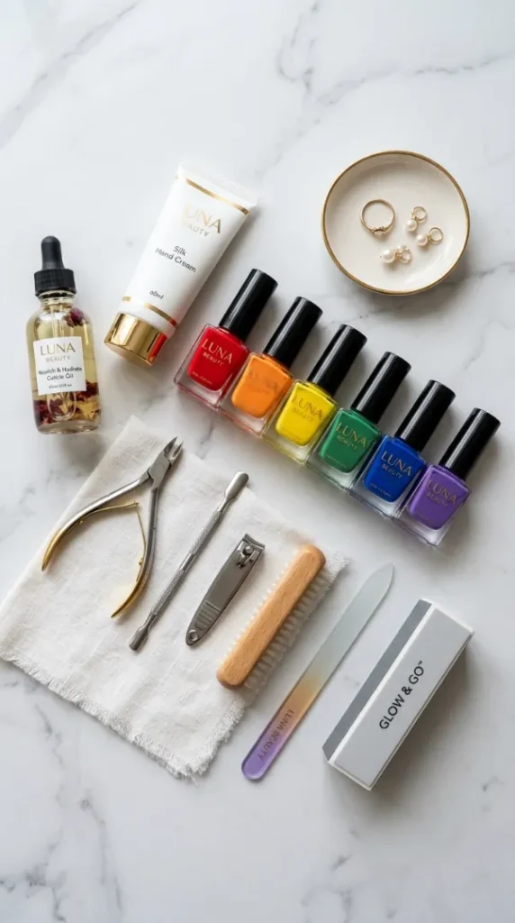 Pride Nail Ideas 2026: 25 Colorful Rainbow Nail Designs You'll Want to Wear This Year compressed luxury beauty flat lay manicure 202607171307