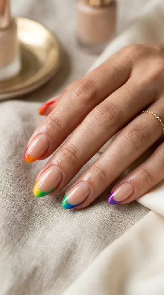 Pride Nail Ideas 2026: 25 Colorful Rainbow Nail Designs You'll Want to Wear This Year compressed nails with rainbow french tips 202607171247