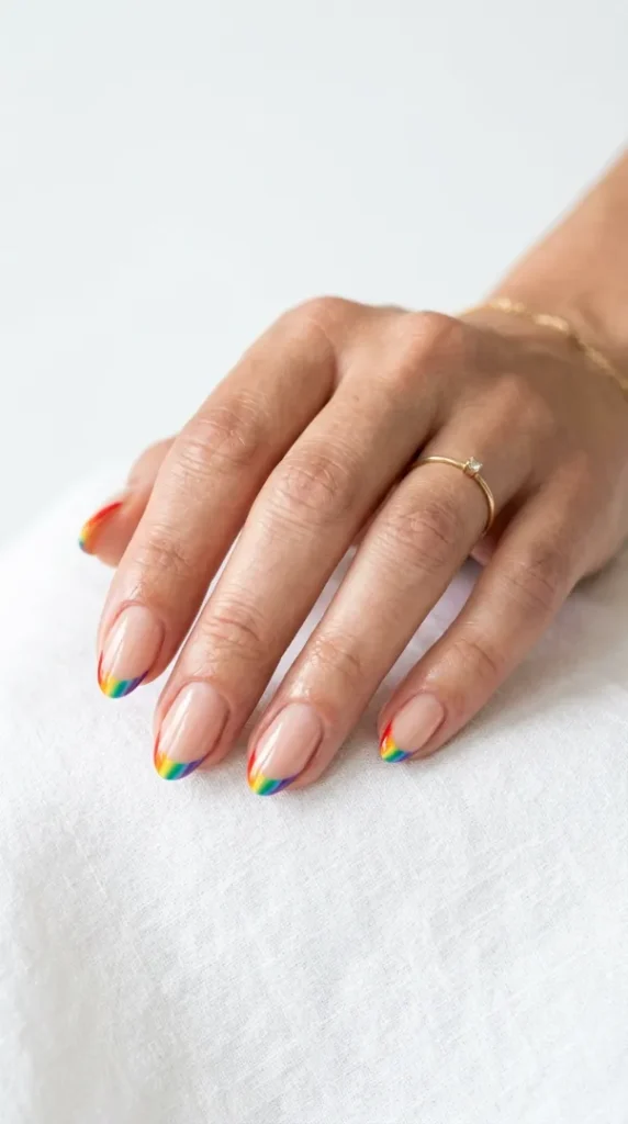 Pride Nail Ideas 2026: 25 Colorful Rainbow Nail Designs You'll Want to Wear This Year compressed nails with rainbow french tips 202607171303