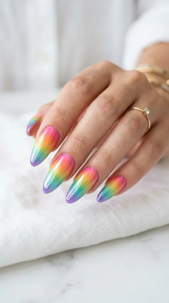Pride Nail Ideas 2026: 25 Colorful Rainbow Nail Designs You'll Want to Wear This Year compressed nails with rainbow ombré finish 202607171246