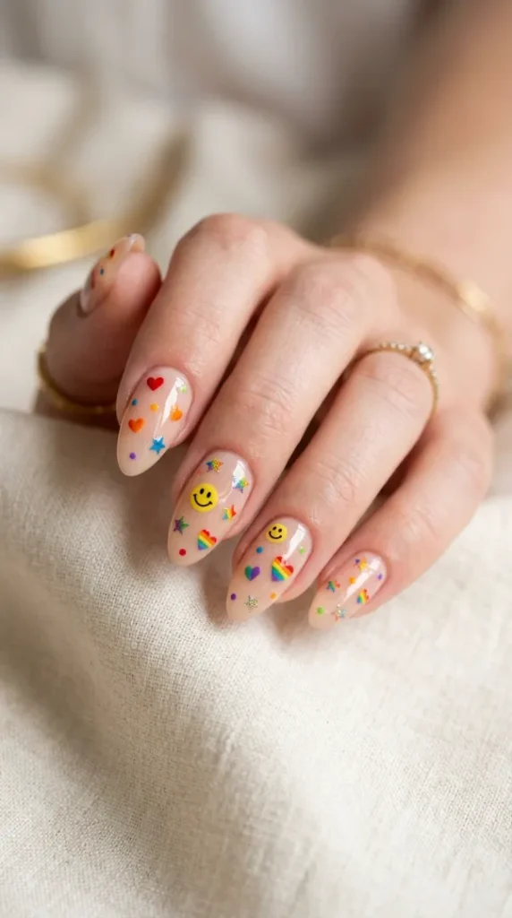Pride Nail Ideas 2026: 25 Colorful Rainbow Nail Designs You'll Want to Wear This Year compressed nude almond nails decorated hearts 202607171303