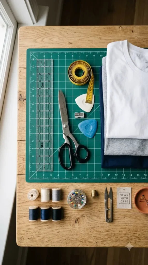 25 Easy T-Shirt Cutting Ideas: Cute DIY Neckline Styles You Can Make in Minutes (2026) compressed scissors measuring tape chalk ruler 202607312317