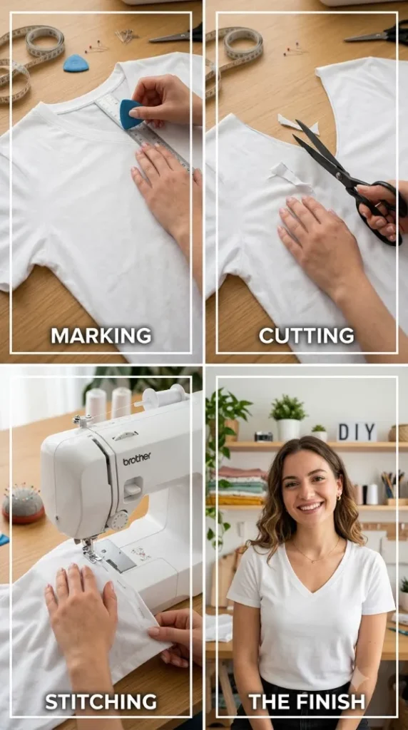25 Easy T-Shirt Cutting Ideas: Cute DIY Neckline Styles You Can Make in Minutes (2026) compressed t shirt transforming into v neck 202607312320