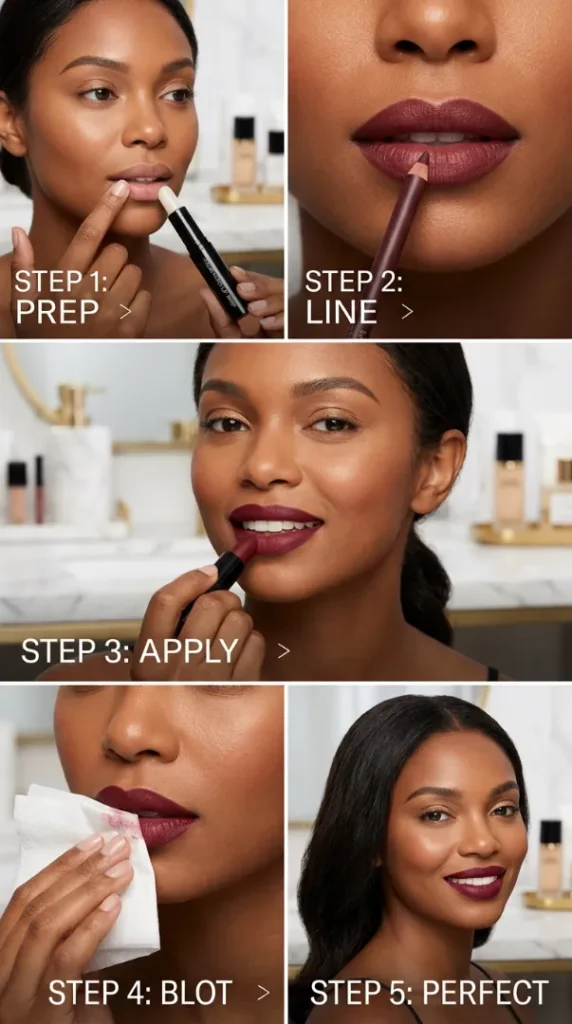 Best Lipstick Shades for Brown Skin (2026): 25 Colors That Actually Flatter Every Undertone compressed woman applying lipstick tutorial 202607062113
