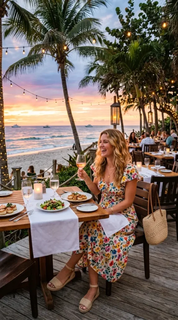 The Ultimate Guide to Beach Vacation Outfits for Women in 2026: Cute Summer Looks You'll Want to Pack compressed woman dining at beach restaurant 202607121803