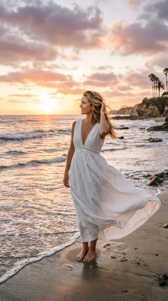 The Ultimate Guide to Beach Vacation Outfits for Women in 2026: Cute Summer Looks You'll Want to Pack compressed woman standing by ocean sunset 202607121826