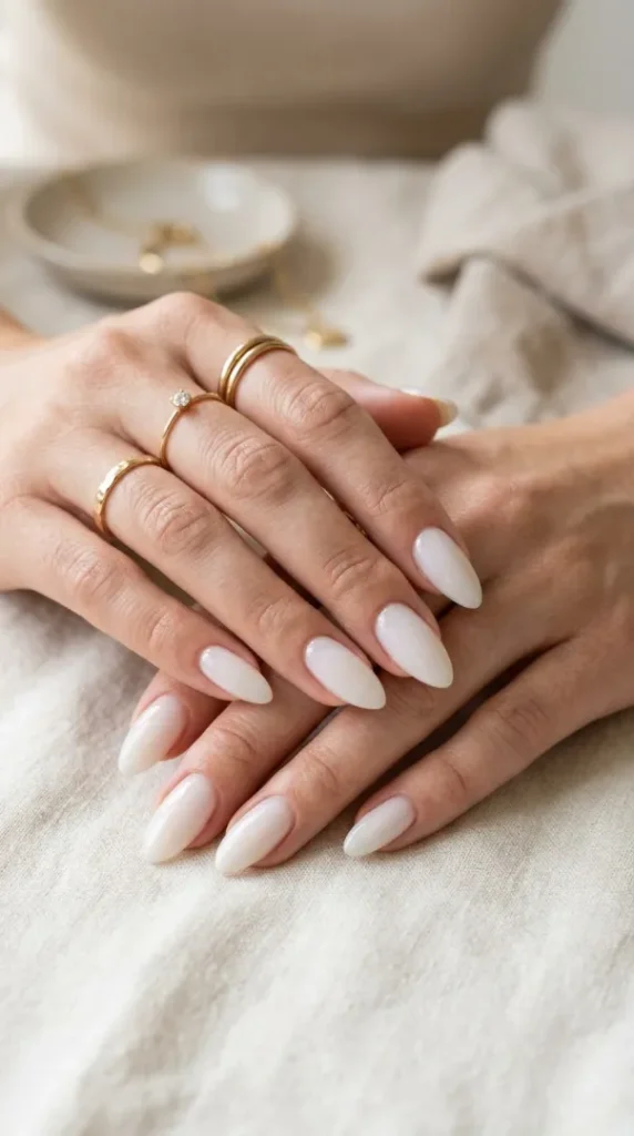 August Nails Ideas 2026: 20 Gorgeous Late-Summer Nail Designs and BIAB Inspiration compressed almond shaped white manicure nails 202608080859 photoroom