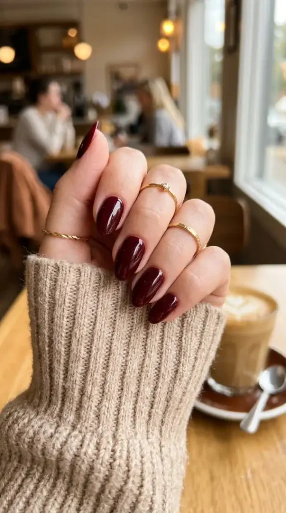 September Nail Ideas: 15 Cute Nail Designs & Colors for Early Fall compressed burgundy manicure with gold rings 202608262121 photoroom