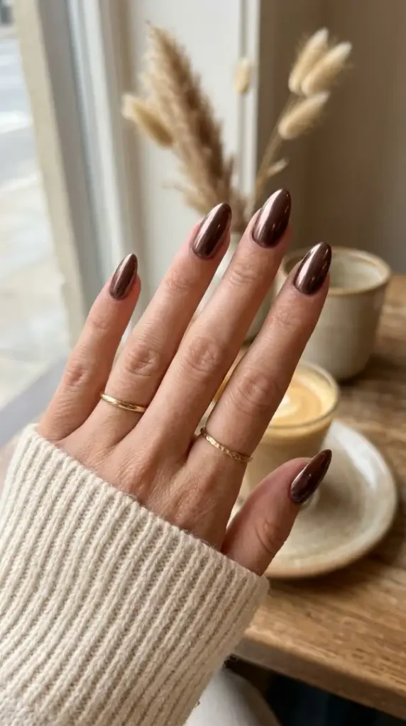 September Nail Ideas: 15 Cute Nail Designs & Colors for Early Fall compressed chocolate brown chrome nails 202608262132 photoroom